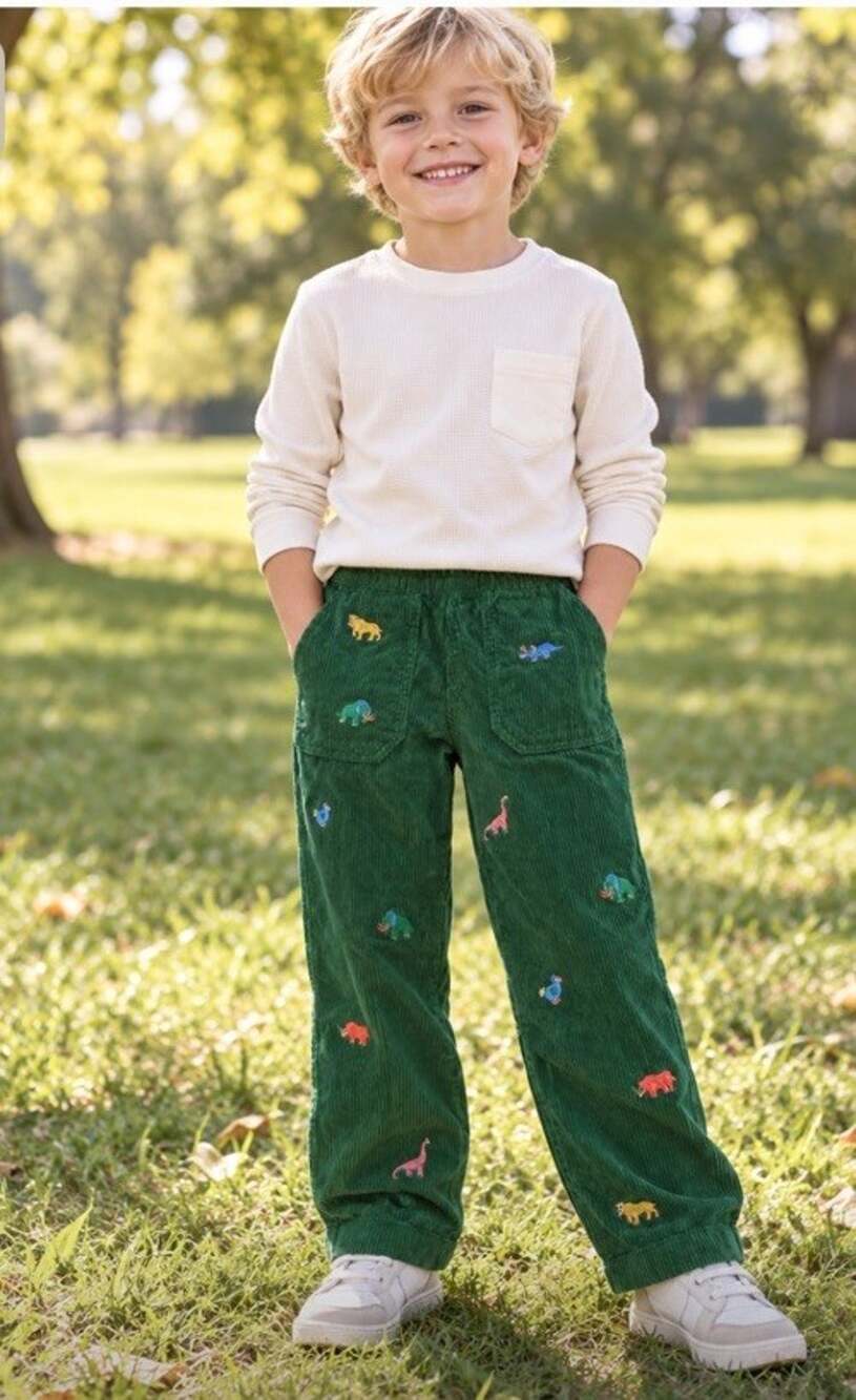 Boys Mini Boden Dinosaur Corduroy Pants Size 5 6 Y Green Pull-On Waist EUC
